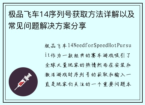 极品飞车14序列号获取方法详解以及常见问题解决方案分享